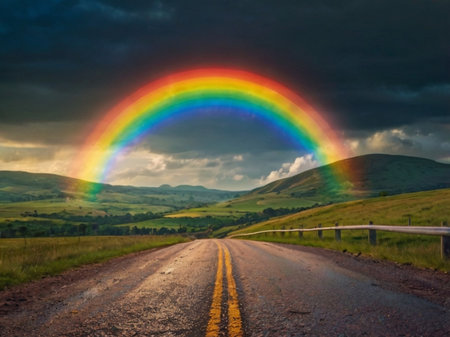 Rainbow over the road in the mountains. Beautiful landscape with rainbow.の素材
