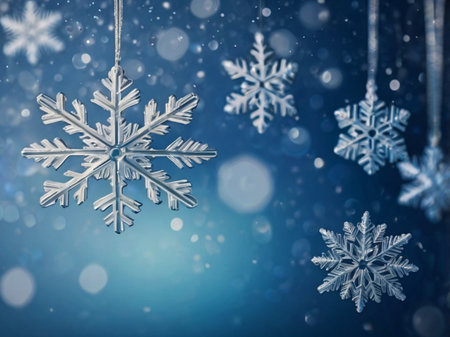 Snowflakes on blue bokeh background. Christmas and New Year conceptの素材
