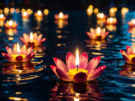 Beautiful lotus flower floating on the water with candle light.の素材