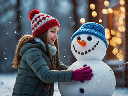 Young woman making a snowman in the winter forest. Christmas concept.の素材