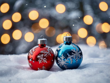 Christmas ornaments on snow with bokeh lights in backgroundの素材
