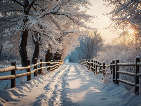 Beautiful winter landscape with snow covered trees and road in the countrysideの素材