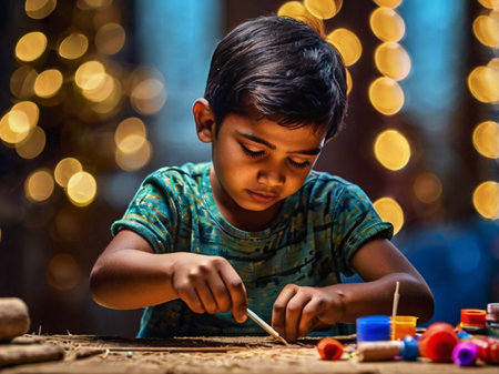 Cute Indian boy painting with colorful pencils in front of Christmas lightsの素材