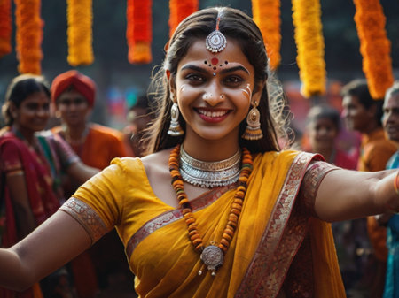 Young Indian woman in traditional sari at Holi festival.の素材