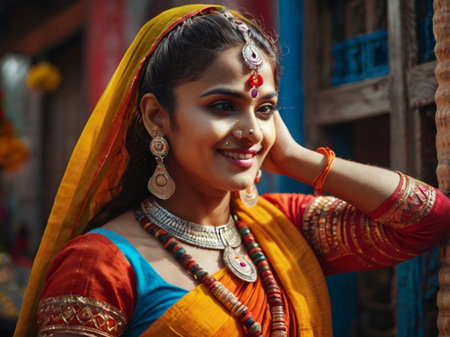 Beautiful Indian girl in saree posing at the temple.の素材