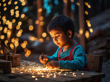 Cute little boy making firework at night. Christmas concept.の素材