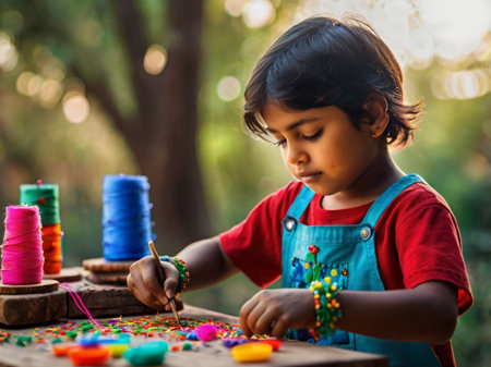 Indian little boy playing with colorful thread on wooden table in garden.の素材