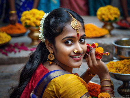 Indian girl in traditional dress with kandora at a temple in Indiaの素材