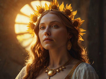 Portrait of a beautiful young woman in a wreath of sunflowersの素材