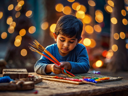 Cute Indian little boy playing with colorful paints on wooden tableの素材