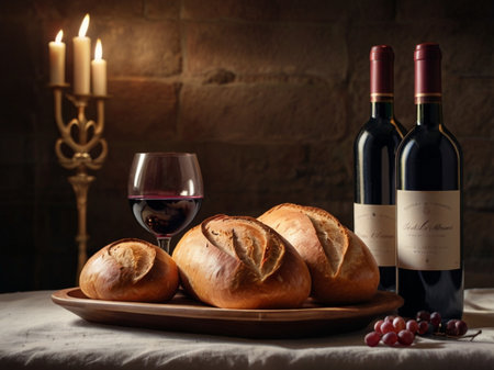 Still life with bread, wine and candles on a dark background.の素材