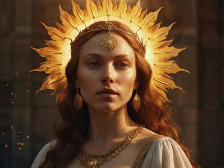 Portrait of a beautiful young woman with golden crown on her headの素材