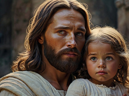 Portrait of Jesus Christ with his little daughter in the park.の素材
