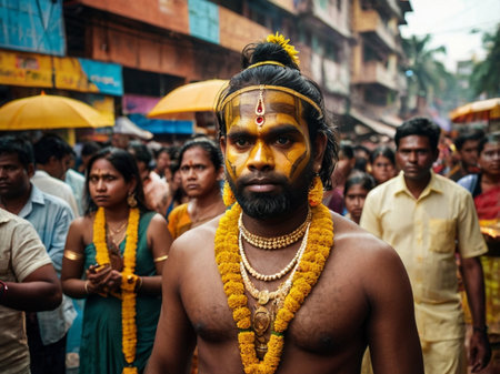 View of unknowns Hindu people attending a religious ceremony at the Pashupatinath temple in the morningの素材