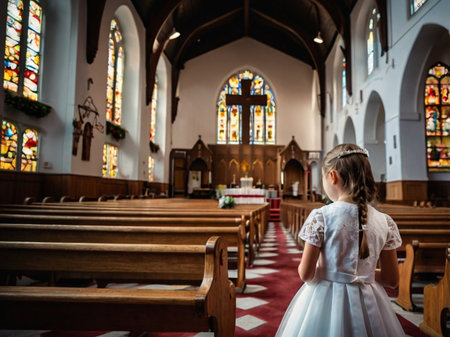 Little girl in a white dress stands in the church and looks into the distanceの素材