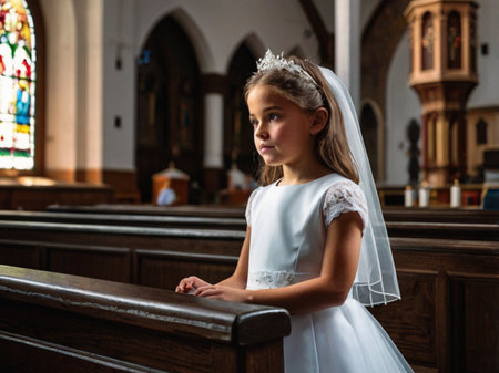Little girl in white wedding dress standing in the church and looking awayの素材