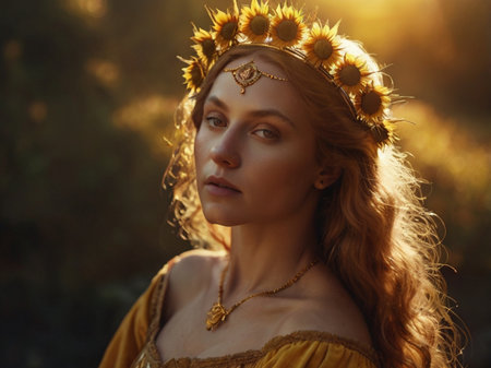 Portrait of a beautiful girl in a crown of sunflowersの素材