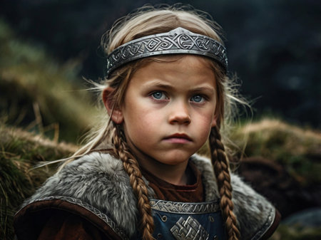 Portrait of a little girl in costume of a Viking. Fantasy.の素材