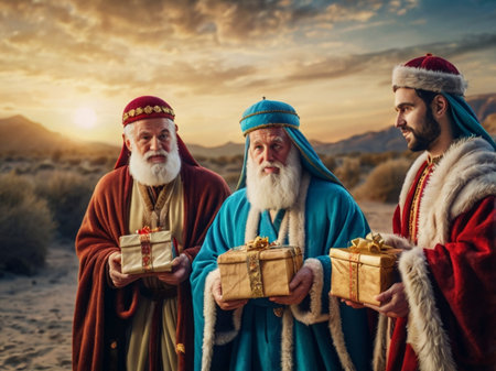 Three wise men with gifts in the desert.の素材