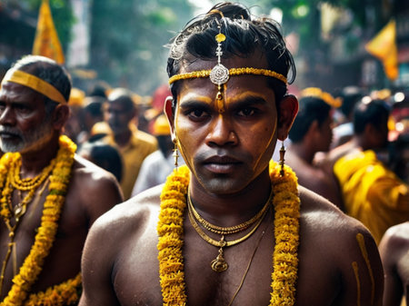 View of unknowns Hindu people attending a religious ceremony at the Pashupatinath temple in the morningの素材