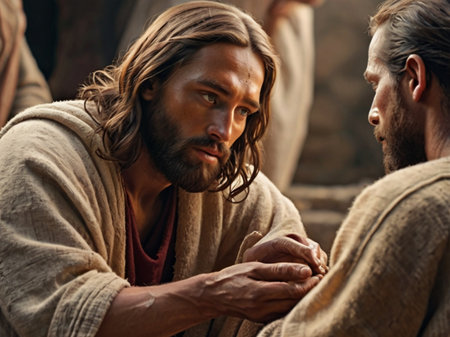 Jesus Christ in robe with crown of thorns looking at the cameraの素材