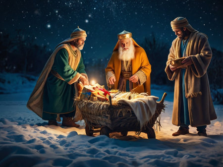 Merry Christmas and Happy New Year! Nativity scene with three wise men.の素材