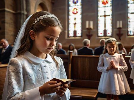 Little girl in a white wedding dress reading a book in the churchの素材