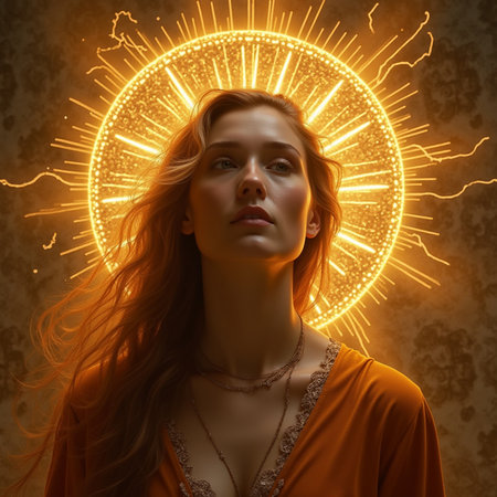 Portrait of a beautiful young woman with long red hair and glowing sun on her faceの素材