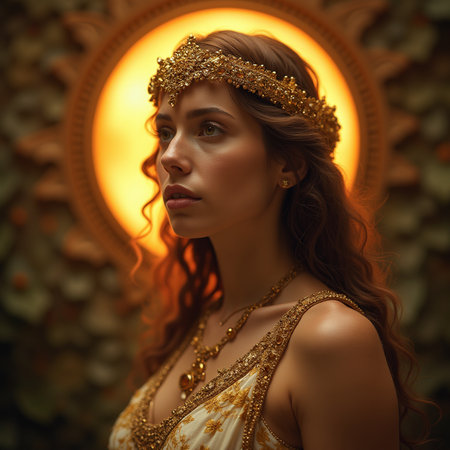 Portrait of a beautiful young woman in a golden crown on her head.の素材