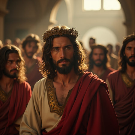 Jesus Christ with crown of thorns on his head in the churchの素材