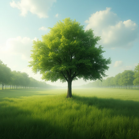 Green tree in the morning mist. 3D render. Nature backgroundの素材