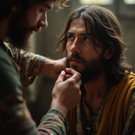 Handsome bearded caucasian man with long dark hair and beard getting haircut by hairdresserの素材