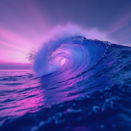 Surfing ocean wave. 3d render of ocean wave at sunsetの素材