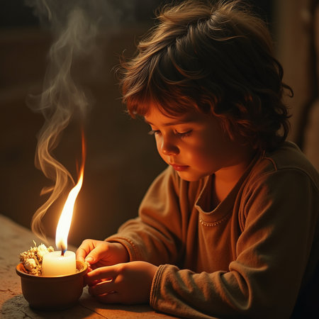 Little boy with a candle in his hands. Candles in the hands of a child.の素材