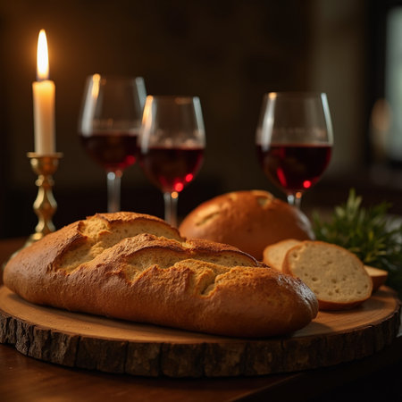 Two glasses of red wine and bread on a wooden table in a restaurantの素材