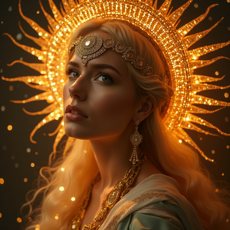 Portrait of a beautiful young woman in a crown of golden threads.の素材