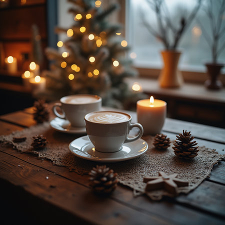 Two cups of cappuccino on a wooden table next to a Christmas treeの素材