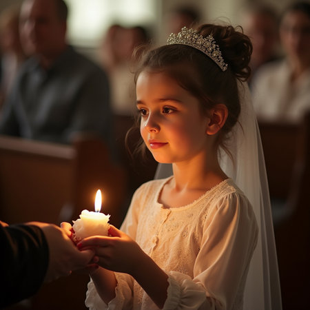 Little girl in a church with a candle in hands of the priestの素材
