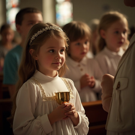 Little girl in a church with a chalice in his handsの素材