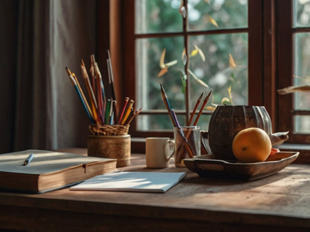 Cup of coffee, books, pencils and apple on wooden table near windowの素材