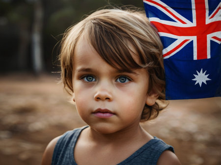Portrait of a child with Australian flag in the forestの素材