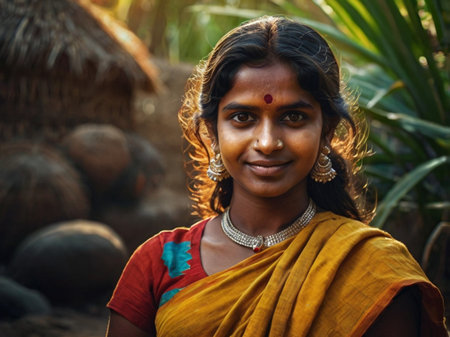 Portrait of a beautiful Indian woman smiling and looking at camera.の素材