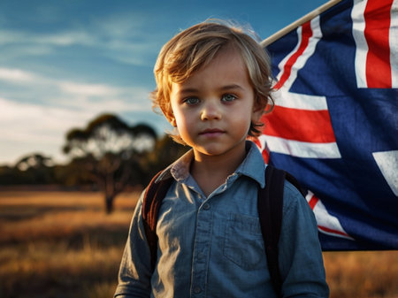 Cute little boy with british flag in field at sunsetの素材