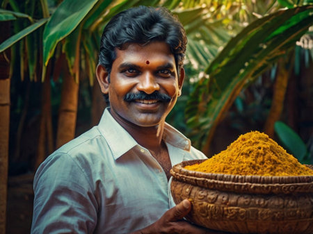 Indian farmer holding a bowl full of yellow curry powder and smiling.の素材