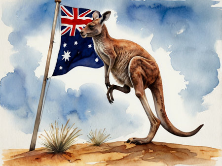 Kangaroo with Australia flag. Watercolor illustration of a kangaroo.の素材