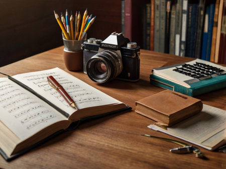 Vintage camera, books, notebook and pen on wooden table.の素材