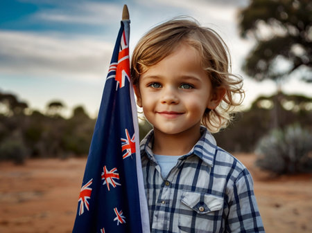 Adorable little boy holding Australia flag on a sunny day in the countrysideの素材