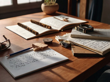 Old books on the table in a library with a fountain pen and glassesの素材