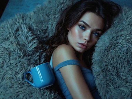 Portrait of a beautiful young woman lying on the bed with cup of coffee.の素材