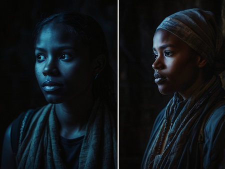 Before and after retouching. Portrait of a young African-American woman in the studio.の素材